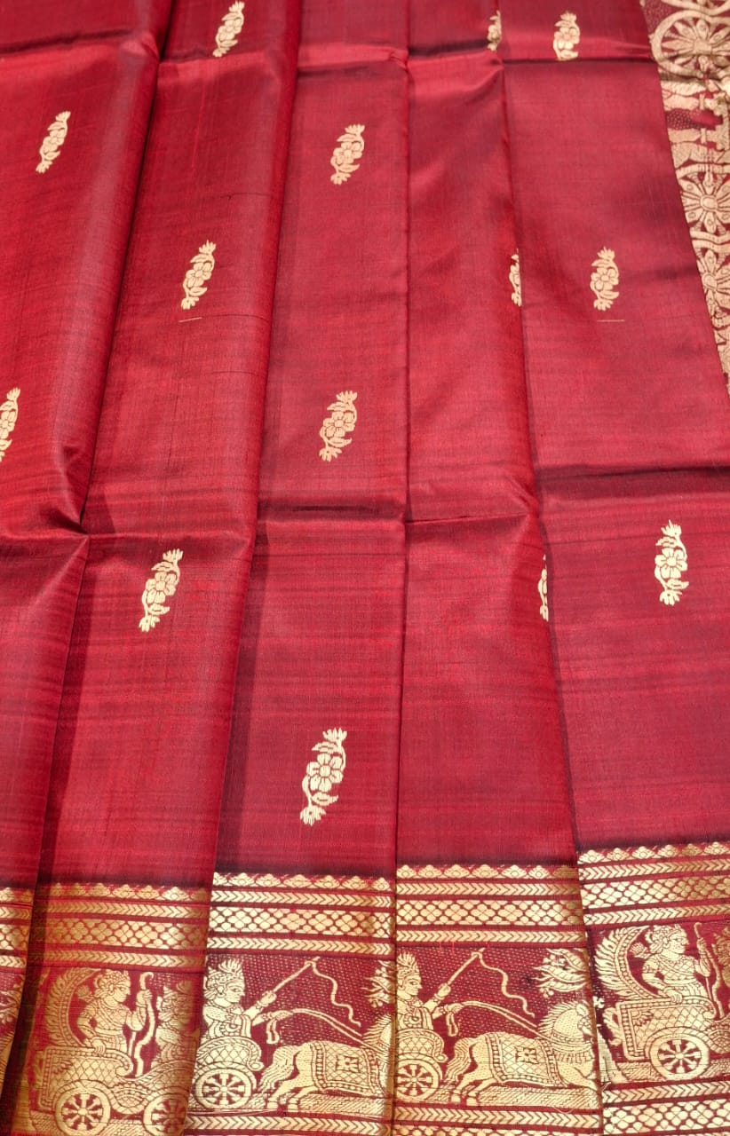 Maroonish red body color with beige motif pure Mulberry silk Baluchari saree Maroonish red body color with beige motif pure Mulberry silk Baluchari saree