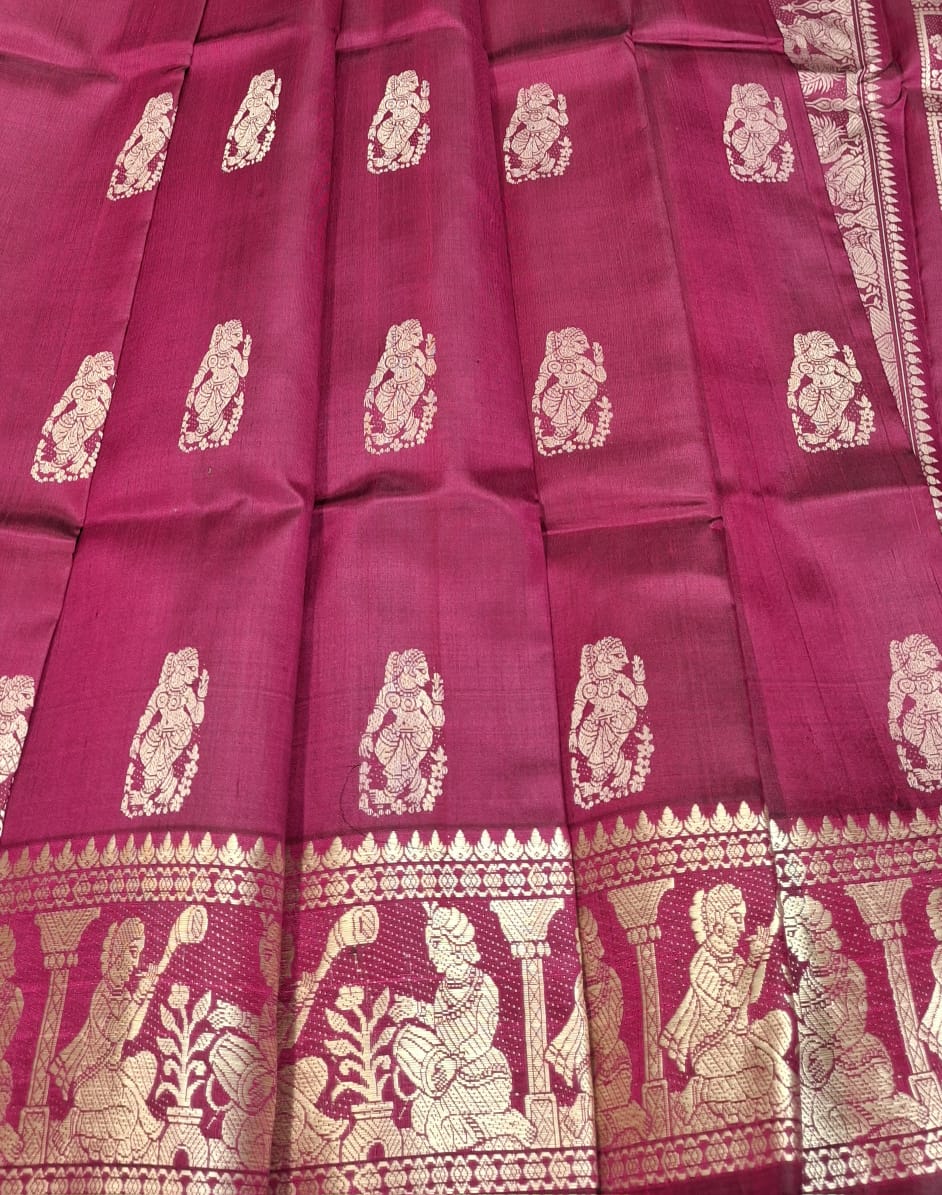 Magenta body color with beige motif pure Mulberry silk Baluchari saree Magenta body color with beige motif pure Mulberry silk Baluchari saree