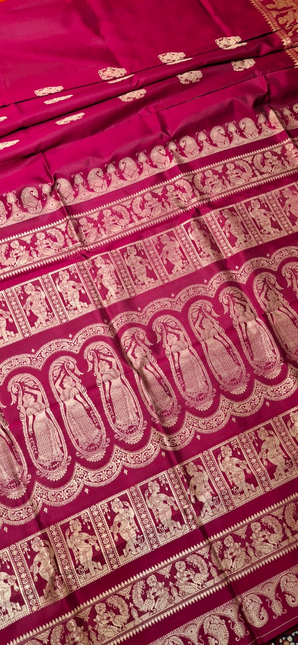 Magenta body color with beige motif pure Mulberry silk Baluchari saree Magenta body color with beige motif pure Mulberry silk Baluchari saree