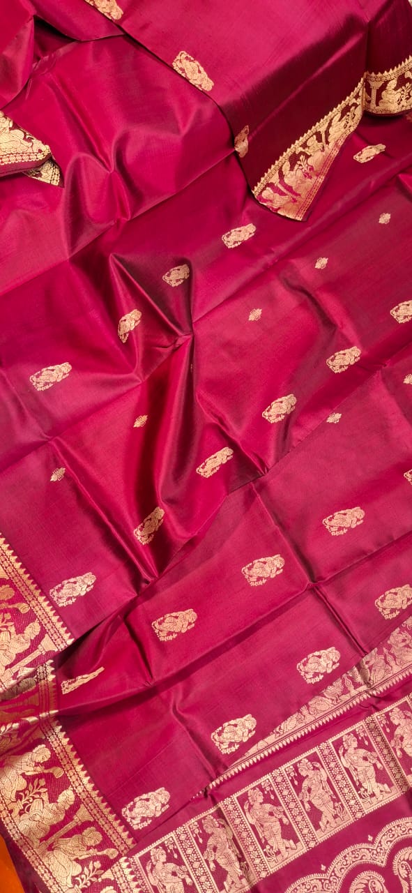 Magenta body color with beige motif pure Mulberry silk Baluchari saree Magenta body color with beige motif pure Mulberry silk Baluchari saree