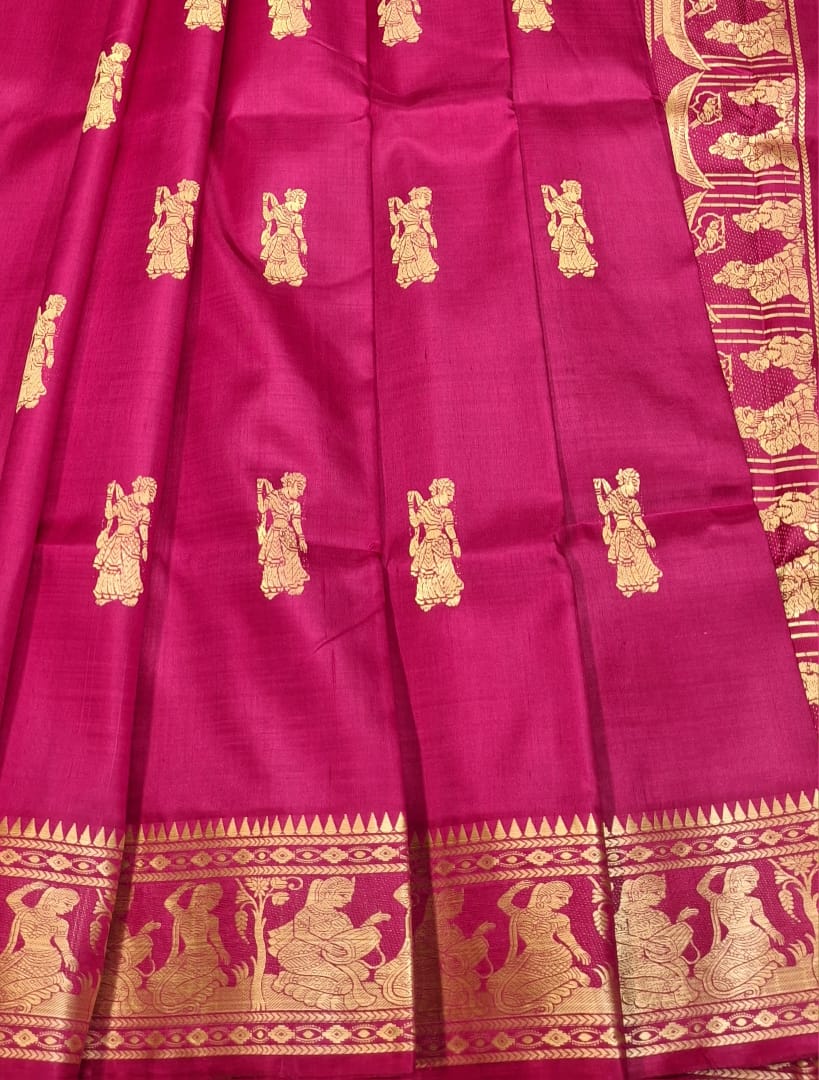 Rani pink color with beige motif pure Mulberry silk Baluchari saree Rani pink color with beige motif pure Mulberry silk Baluchari saree