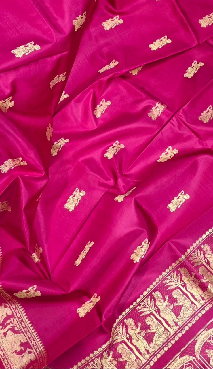 Rani pink color with beige motif pure Mulberry silk Baluchari saree Rani pink color with beige motif pure Mulberry silk Baluchari saree