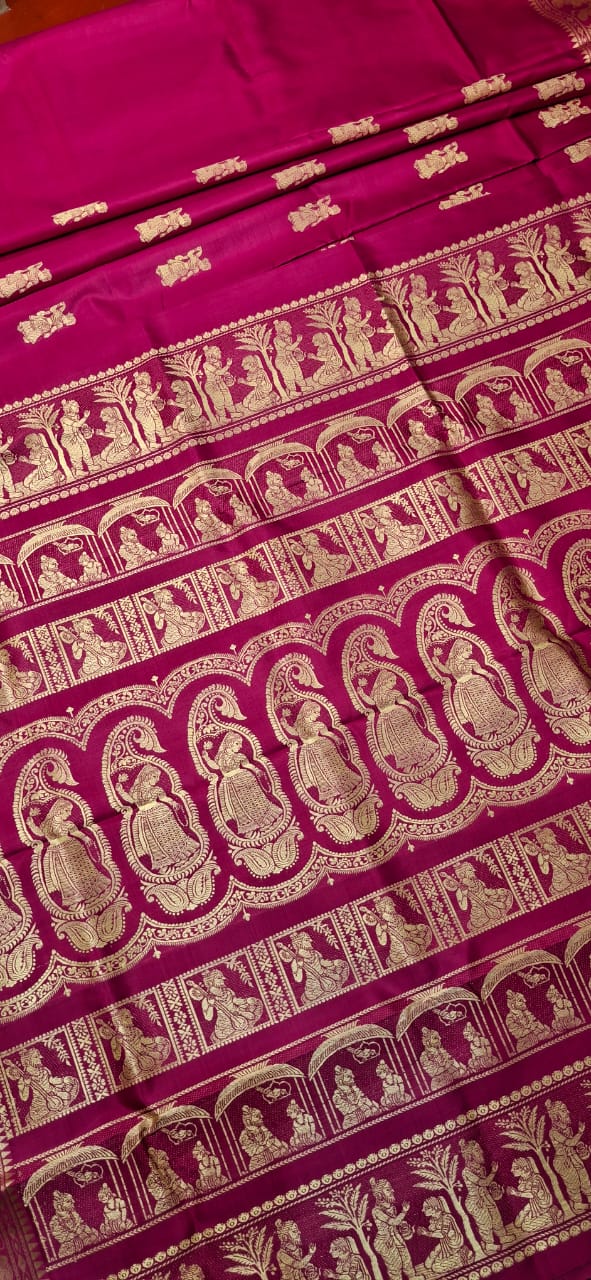 Rani pink color with beige motif pure Mulberry silk Baluchari saree Rani pink color with beige motif pure Mulberry silk Baluchari saree