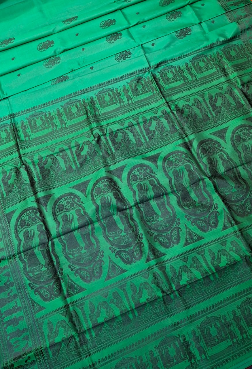 Bottle green color with beige motif pure Mulberry silk Baluchari saree Bottle green color with beige motif pure Mulberry silk Baluchari saree