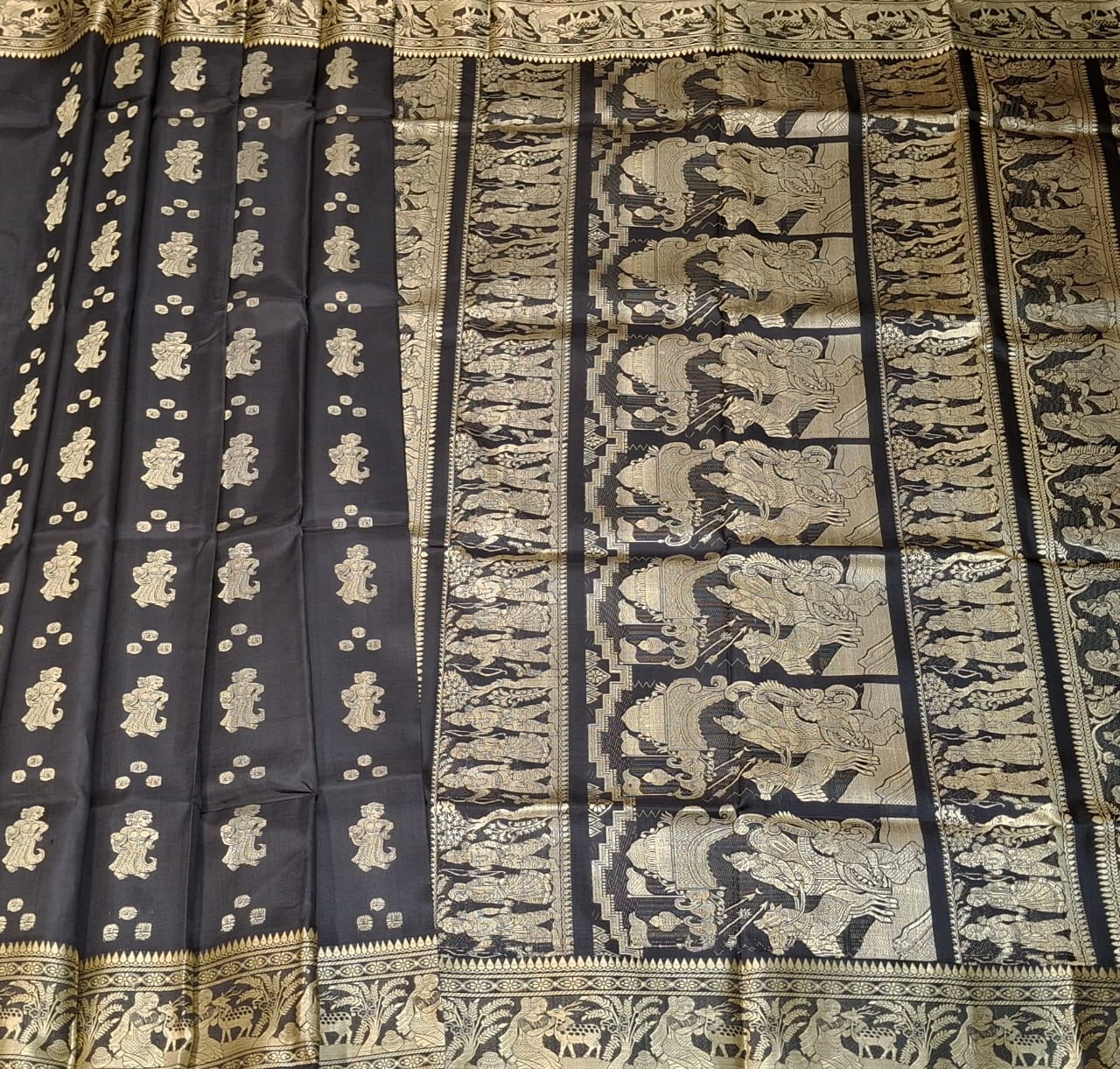 Jet black color with beige motif pure Mulberry silk Baluchari saree Jet black color with beige motif pure Mulberry silk Baluchari saree