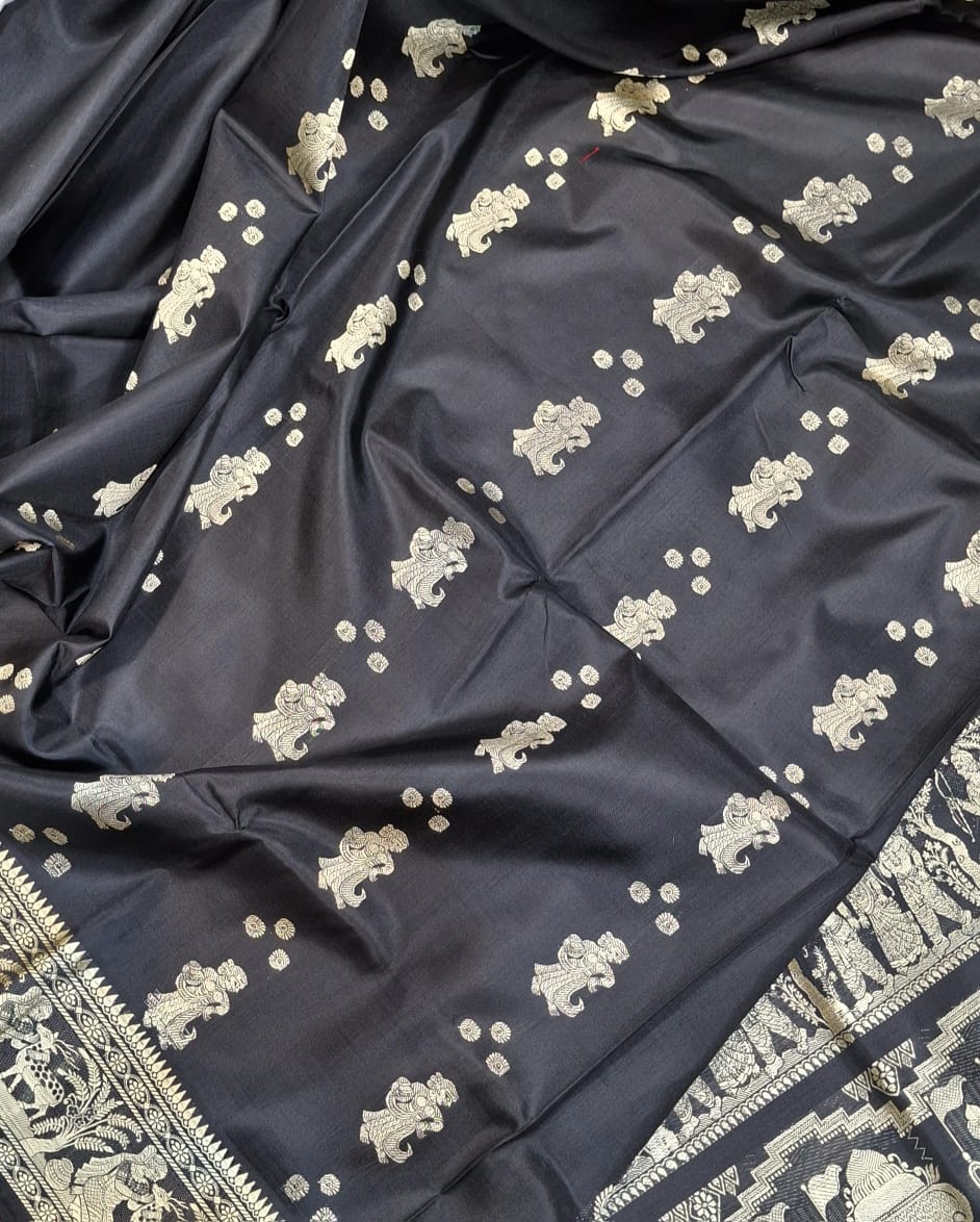 Jet black color with beige motif pure Mulberry silk Baluchari saree Jet black color with beige motif pure Mulberry silk Baluchari saree