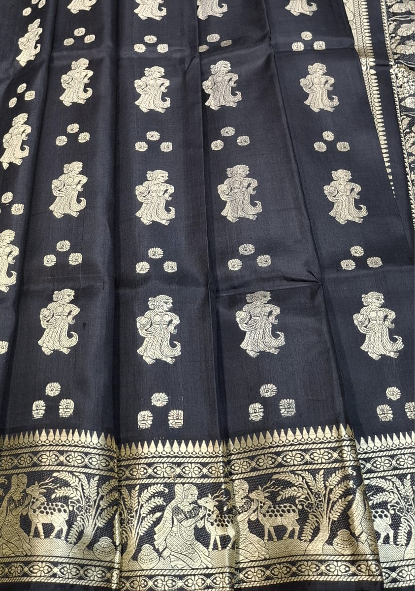 Jet black color with beige motif pure Mulberry silk Baluchari saree Jet black color with beige motif pure Mulberry silk Baluchari saree