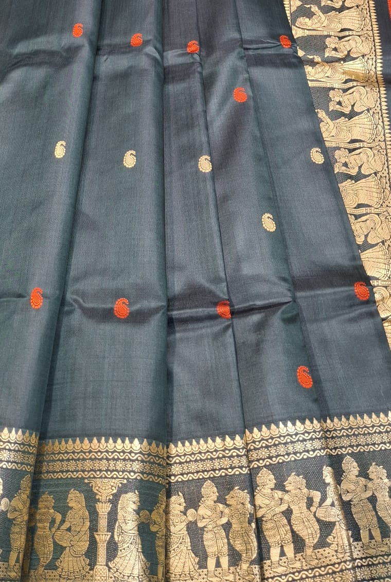 Blackish green color with beige motif pure Mulberry silk Baluchari saree Blackish green color with beige motif pure Mulberry silk Baluchari saree