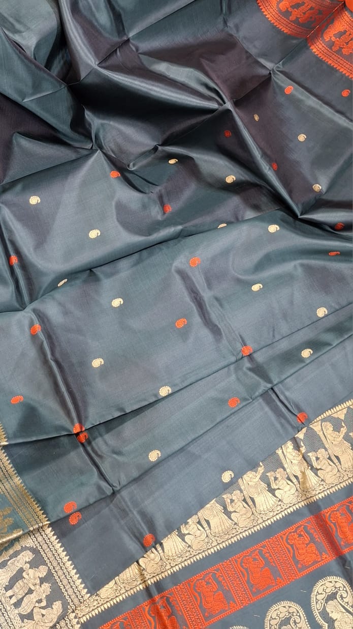 Blackish green color with beige motif pure Mulberry silk Baluchari saree Blackish green color with beige motif pure Mulberry silk Baluchari saree