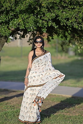 Ivory color Penguin hand Block printed saree Ivory color Penguin hand Block printed saree
