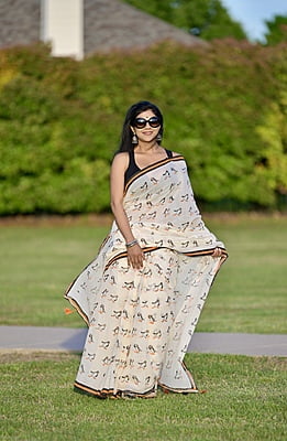 Ivory color Penguin hand Block printed saree Ivory color Penguin hand Block printed saree