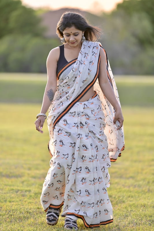 Ivory color Penguin hand Block printed saree Ivory color Penguin hand Block printed saree