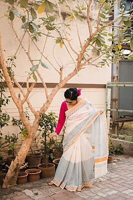 White and light ink blue hand blocked saree White and light ink blue hand blocked saree
