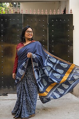 Navy blue and white color hand block print cotton saree Navy blue and white color hand block print cotton saree