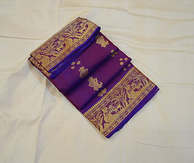 Blue pink dual tone pure katan silk Baluchari