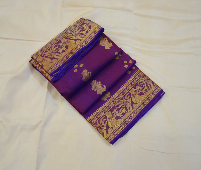 Blue pink dual tone pure katan silk Baluchari