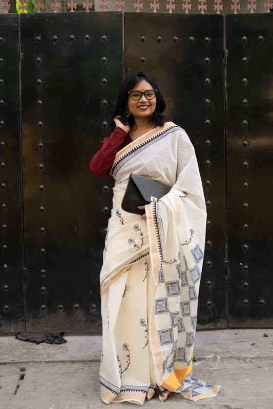 Ivory color pure cotton with light blue handblock work Ivory color pure cotton with light blue handblock work