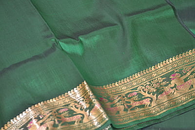 Green figure motif pure katan silk Swarnachari saree
