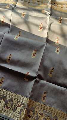 grey with maroon red meena work Baluchari saree on pure Mulberry silk