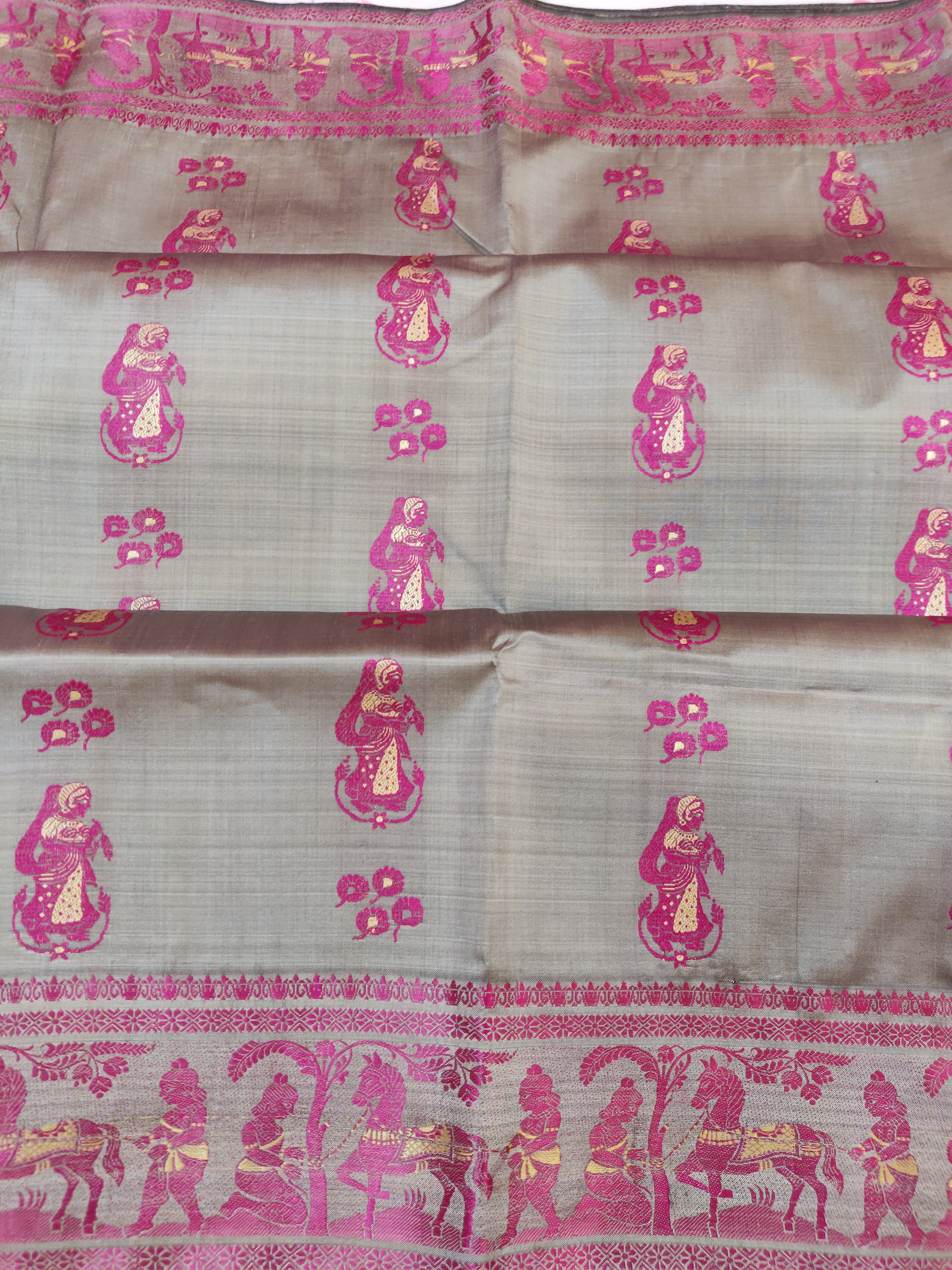 Grey meena Baluchari saree with Rani pink work on pure mulberry silk Grey meena Baluchari saree with Rani pink work on pure mulberry silk