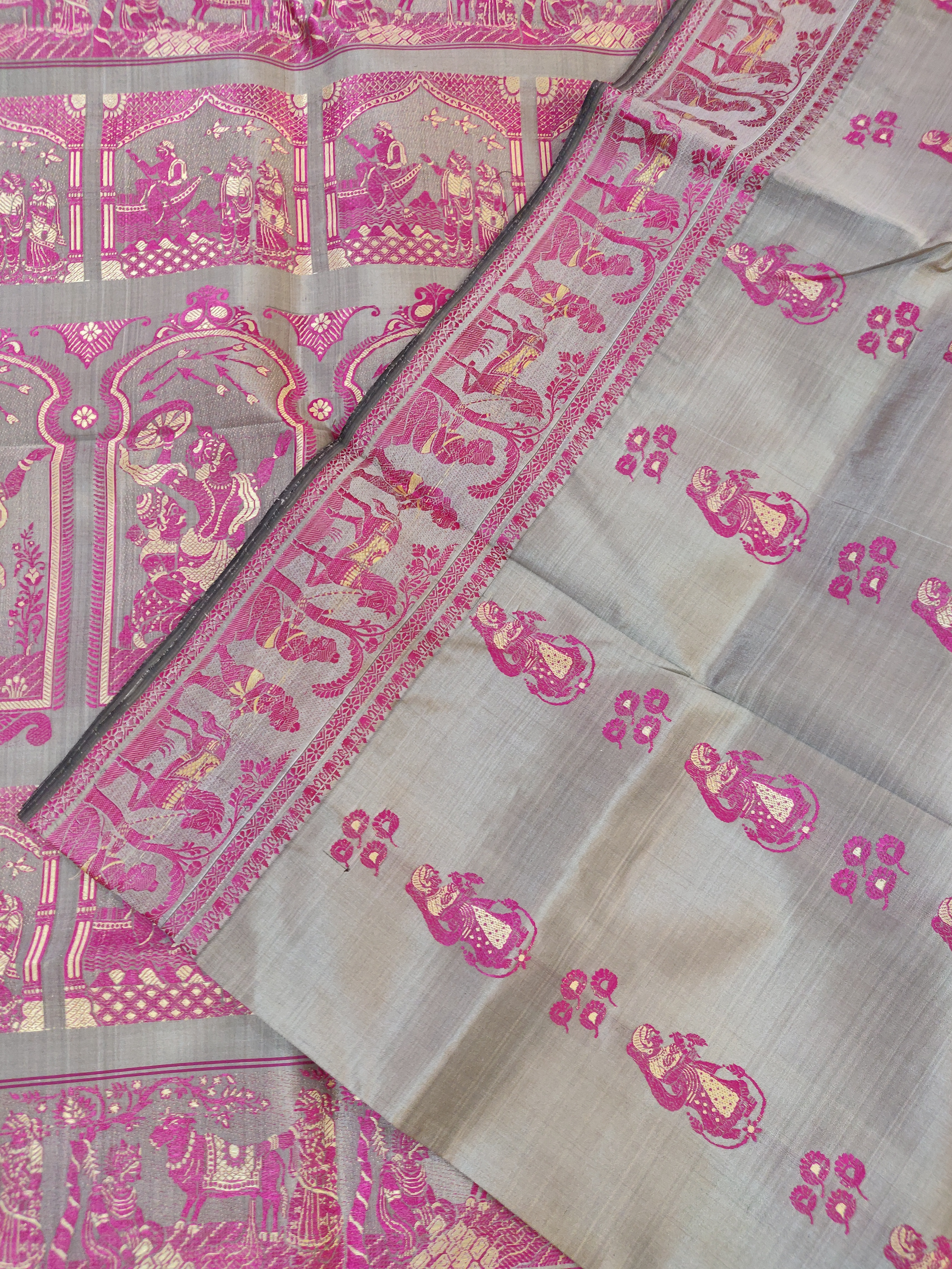 Grey meena Baluchari saree with Rani pink work on pure mulberry silk Grey meena Baluchari saree with Rani pink work on pure mulberry silk