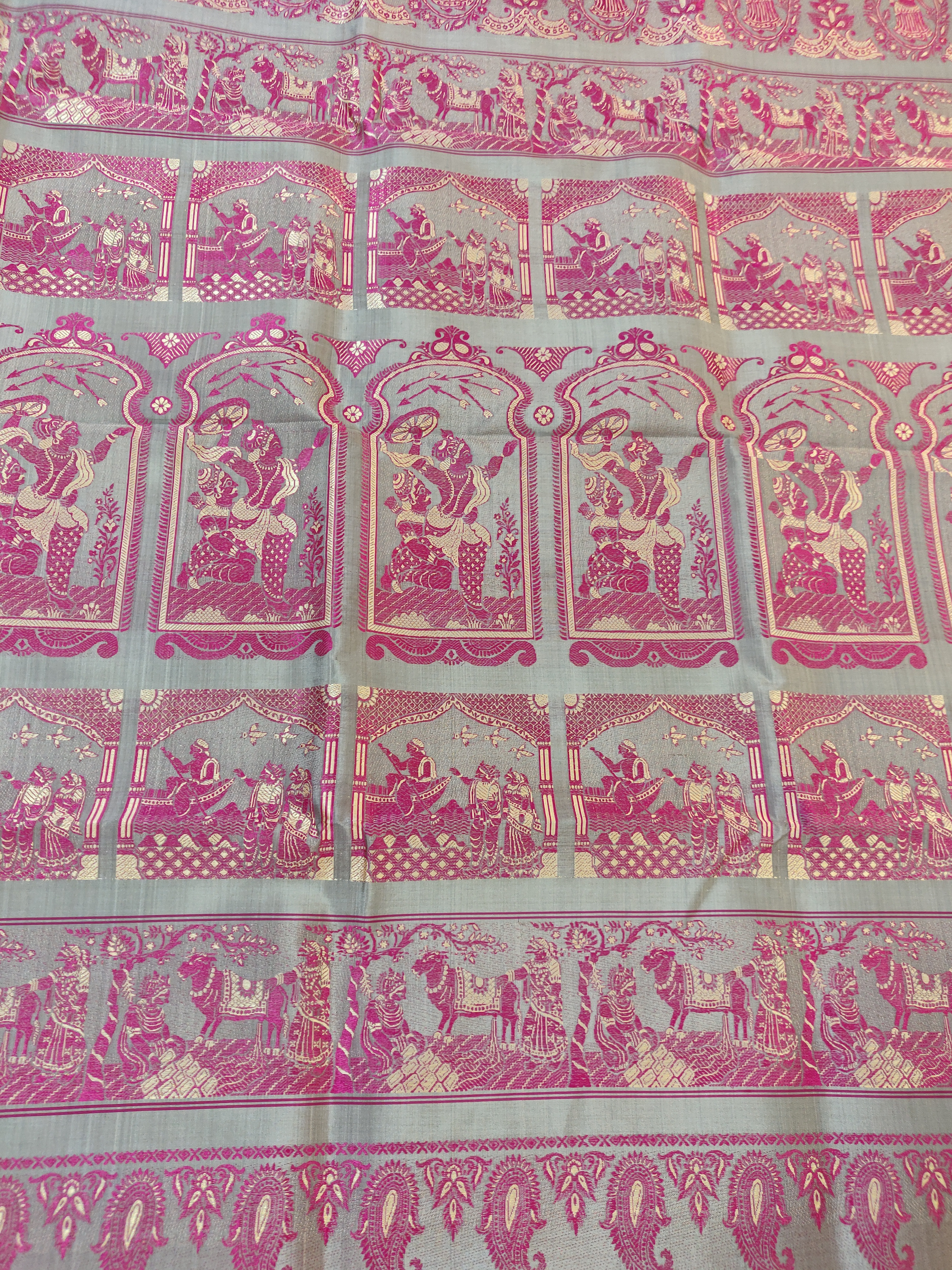 Grey meena Baluchari saree with Rani pink work on pure mulberry silk Grey meena Baluchari saree with Rani pink work on pure mulberry silk