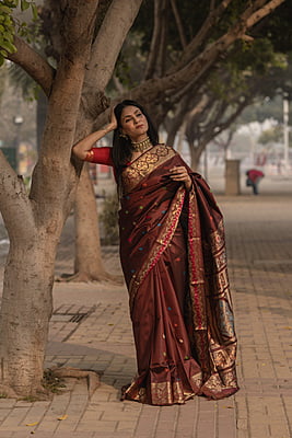 chocolate brown color Banalata pure katan silk semi Revival Swarnachari chocolate brown color Banalata pure katan silk semi Revival Swarnachari