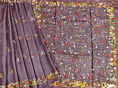 Jamun color hand crafted Parsi embroidery on pure desi Tassar Jamun color hand crafted Parsi embroidery on pure desi Tassar