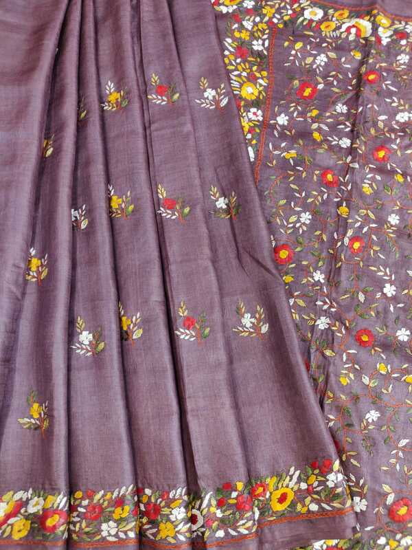 Jamun color hand crafted Parsi embroidery on pure desi Tassar Jamun color hand crafted Parsi embroidery on pure desi Tassar