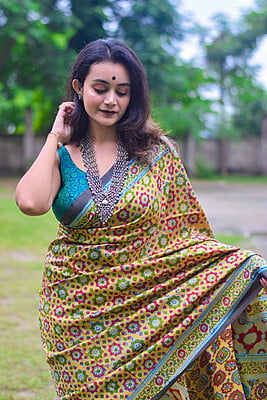 Rangili Ajrakh pure mulberry silk saree.