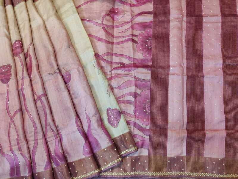 Rose pink and ivory pure tassar hand embroidered katdana work saree Rose pink and ivory pure tassar hand embroidered katdana work saree