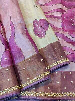 Rose pink and ivory pure tassar hand embroidered katdana work saree Rose pink and ivory pure tassar hand embroidered katdana work saree