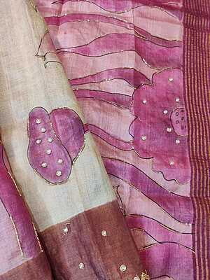Rose pink and ivory pure tassar hand embroidered katdana work saree Rose pink and ivory pure tassar hand embroidered katdana work saree