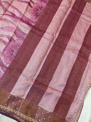 Rose pink and ivory pure tassar hand embroidered katdana work saree Rose pink and ivory pure tassar hand embroidered katdana work saree