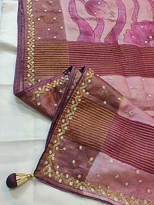 Rose pink and ivory pure tassar hand embroidered katdana work saree Rose pink and ivory pure tassar hand embroidered katdana work saree