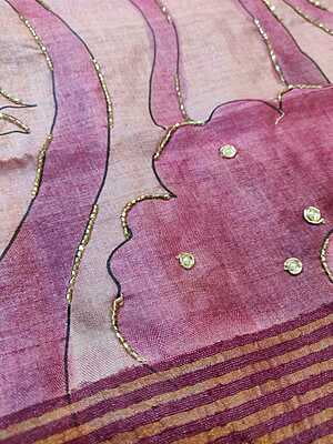 Rose pink and ivory pure tassar hand embroidered katdana work saree Rose pink and ivory pure tassar hand embroidered katdana work saree