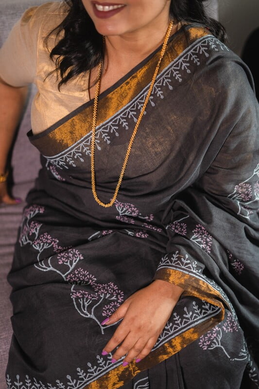 Slate black golden border hand blockprint cotton saree Slate black golden border hand blockprint cotton saree