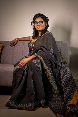 Slate black golden border hand blockprint cotton saree Slate black golden border hand blockprint cotton saree