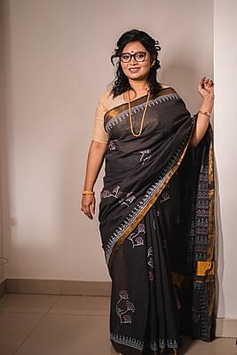 Slate black golden border hand blockprint cotton saree Slate black golden border hand blockprint cotton saree